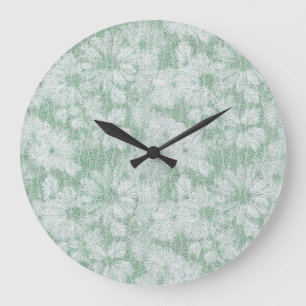 Grande Horloge Ronde Fleur de Pâquerette Veloutée Vert Menthe 