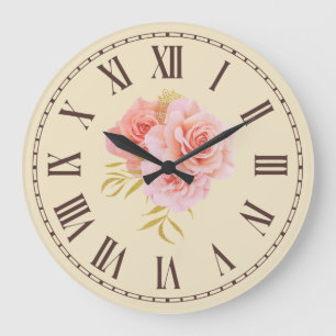 Grande Horloge Ronde Fleur de rose rose vintage dorée sur une branche