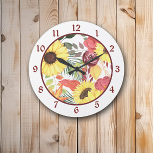 Grande Horloge Ronde Fleur de tournesol et marron Rose