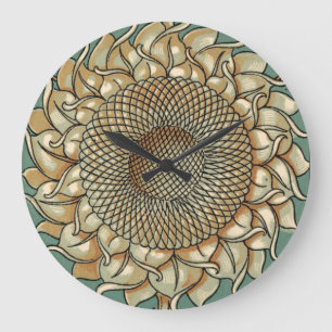 Grande Horloge Ronde Fleur de tournesol sur l'arrière - plan bleu-vert