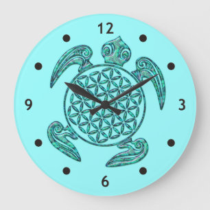 Grande Horloge Ronde Fleur de vie / Blume des Lebens tortue turquoise