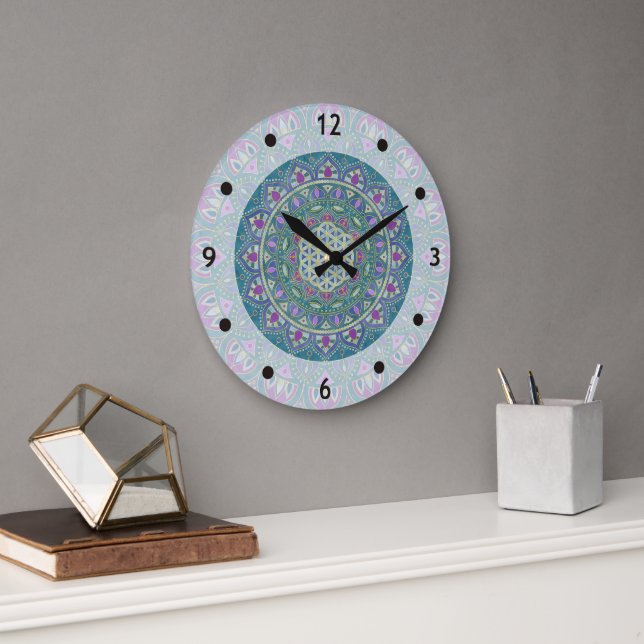 Grande Horloge Ronde Fleur De Vie - Mandala India Style 1 (Bureau)