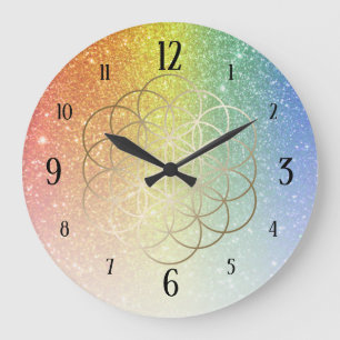 Grande Horloge Ronde Fleur de Vie Or sur Dégradé de Paillettes Arc-en-C