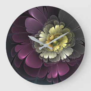 Grande Horloge Ronde Fleur fractale grise et pourpre moderne abstraite
