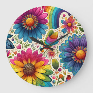 Grande Horloge Ronde Fleur Hippie Arc-en-ciel Rétro
