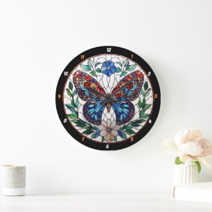 Grande Horloge Ronde Fleur intemporelle" - Papillon en verre tendu