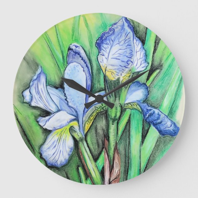 Grande Horloge Ronde Fleur Iris Bleu Dessin d'Art original Floral  (Recto)