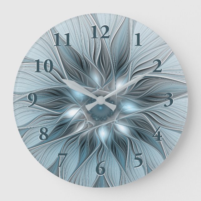 Grande Horloge Ronde Fleur Joyeuse Abstrait gris bleu floral Fractal (Recto)