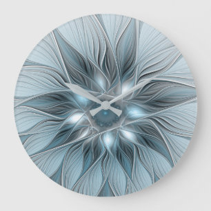 Grande Horloge Ronde Fleur joyeuse abstraite florale fractale bleue gri