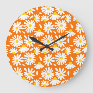 Grande Horloge Ronde Fleur marguerite rétro : orange vintage.