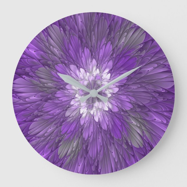 Grande Horloge Ronde Fleur psychédélique violette Abstraite Fractal Art (Recto)