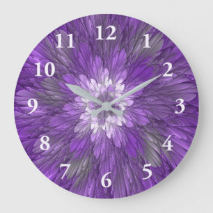 Grande Horloge Ronde Fleur psychédélique violette Abstraite Fractal Art