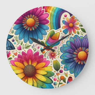 Grande Horloge Ronde Fleur puissante botanique des années 60 colorée