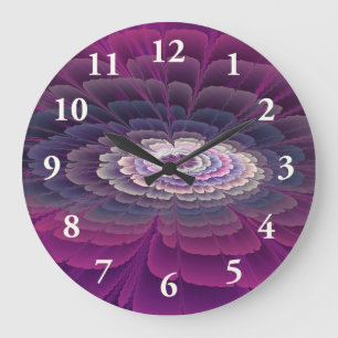 Grande Horloge Ronde Fleur rayante Coloré Abstrait Fractal Art rose
