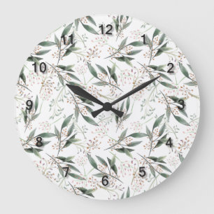 Grande Horloge Ronde Fleur rose de la feuille verte de l'aquarelle