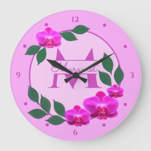 Grande Horloge Ronde Fleur rose vintage nom personnalisé initial