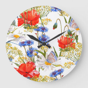 Grande Horloge Ronde Fleur sauvage : couleur bleu foncé bleu clair