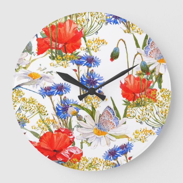 Grande Horloge Ronde Fleur sauvage : couleur bleu foncé bleu clair (Recto)