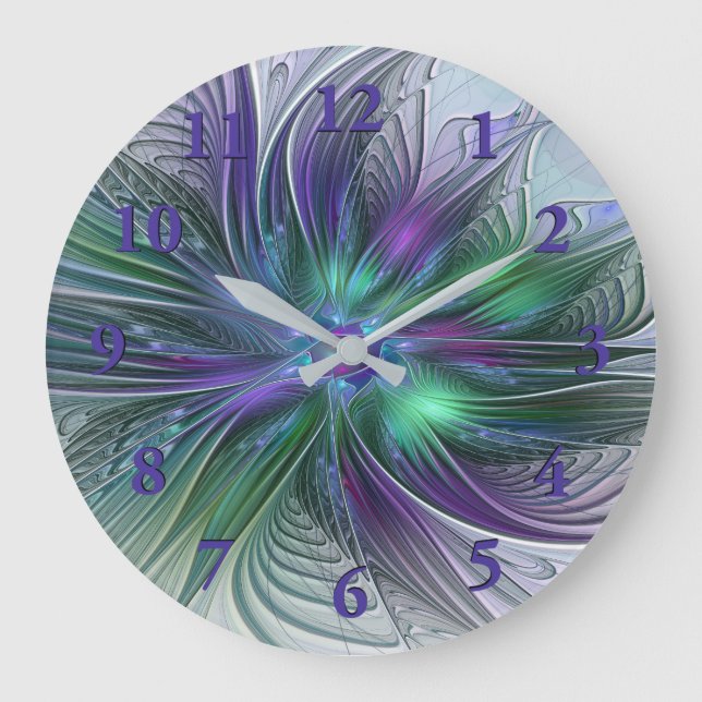 Grande Horloge Ronde Fleur vert violet Art Abstrait moderne Fractal (Recto)