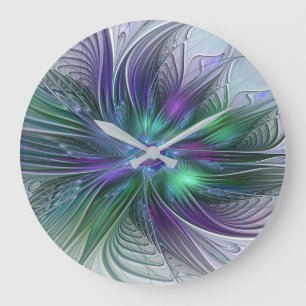 Grande Horloge Ronde Fleur verte abstraite moderne fractale violette
