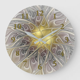 Grande Horloge Ronde Fleurir avec la fleur Abstraite fractée Gold Moder