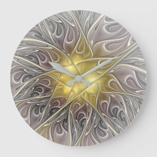 Grande Horloge Ronde Fleurir Avec Or Moderne Fleur Abstraite Fractale