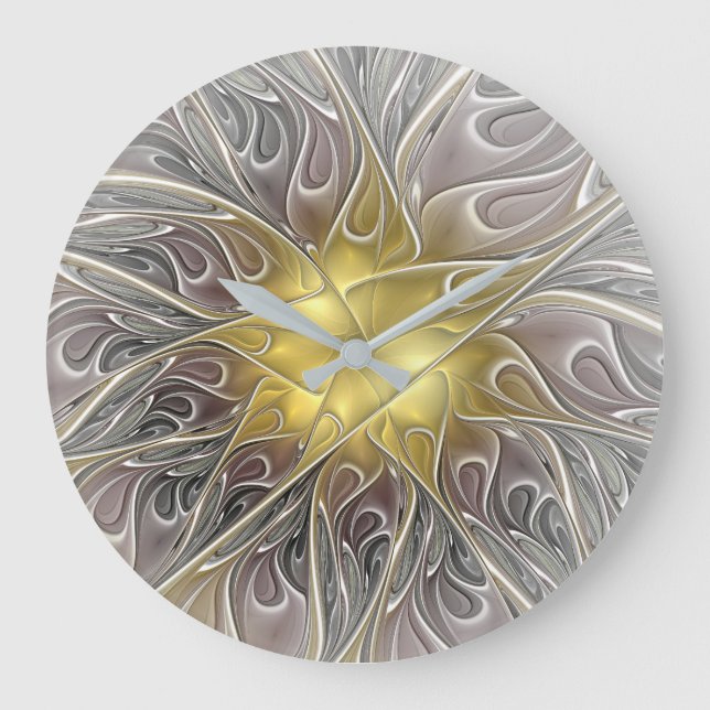 Grande Horloge Ronde Fleurir Avec Or Moderne Fleur Abstraite Fractale (Recto)