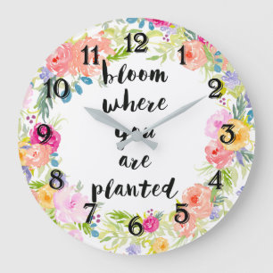Grande Horloge Ronde Fleurissez là où vous êtes planté floral aquarelle