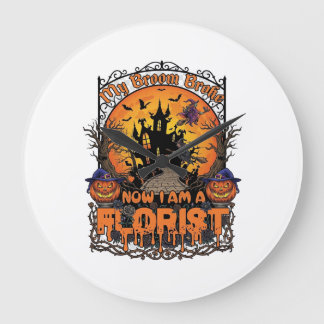 Grande Horloge Ronde Fleuriste balai cassé sorcière Halloween citrouill