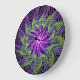 Grande Horloge Ronde Fleuron vert violet Art Abstrait fractal moderne