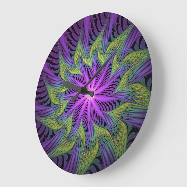 Grande Horloge Ronde Fleuron vert violet Art Abstrait fractal moderne (Angle)