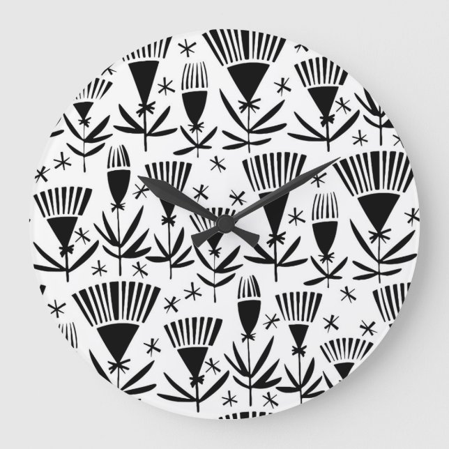 Grande Horloge Ronde Fleurs Abstraites en noir blanc : Motif élégant (Recto)