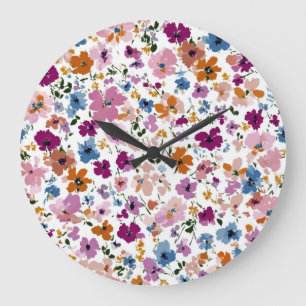 Grande Horloge Ronde Fleurs Aquarelles Colorées Dispersées