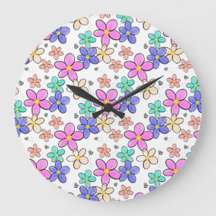 Grande Horloge Ronde fleurs arc-en-ciel colorées lumineuses abeilles bo