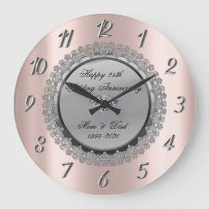 Grande Horloge Ronde Fleurs argentées, Rose Gold 25e anniversaire de ma