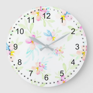 Grande Horloge Ronde Fleurs assez roses d'aquarelle