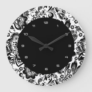 Grande Horloge Ronde Fleurs baroques noir et blanc Motif
