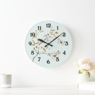 Grande Horloge Ronde Fleurs blanches de menthe papillons 
