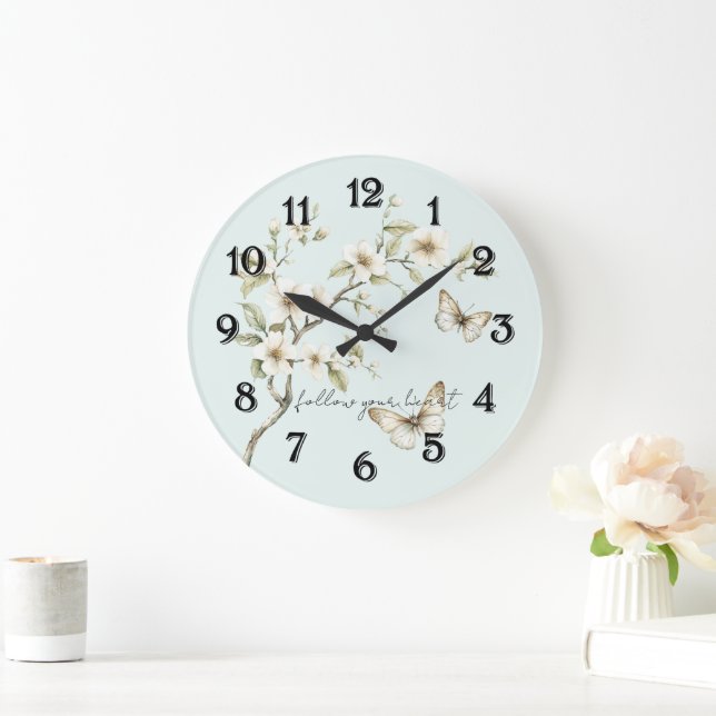 Grande Horloge Ronde Fleurs blanches de menthe Papillons  (Maison)