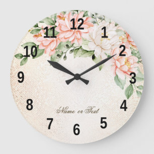 Grande Horloge Ronde Fleurs blanches de pêche à l'aquarelle Élégantes