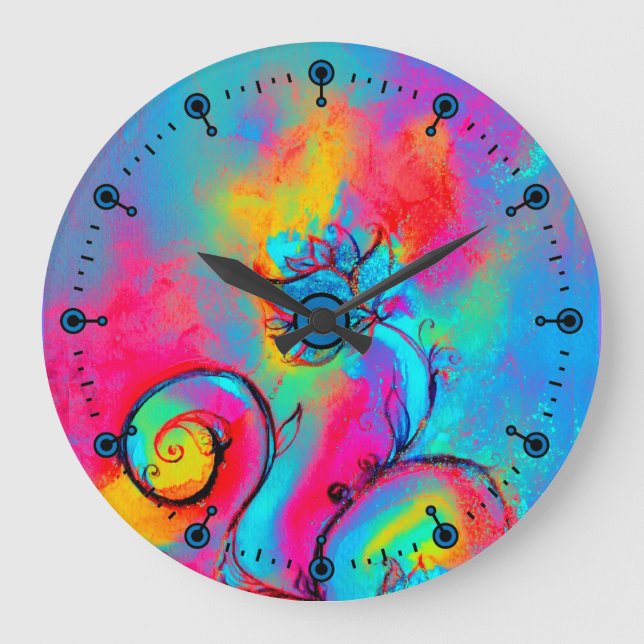 Grande Horloge Ronde FLEURS BLANCHES rose jaune turquoise bleu (Recto)