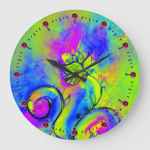 Grande Horloge Ronde FLEURS BLANCHES rose jaune vert bleu