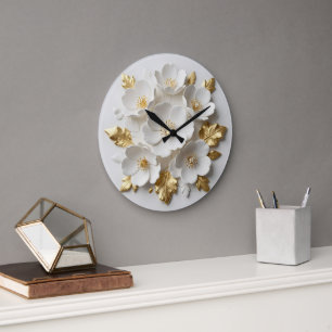 Grande Horloge Ronde fleurs blanches sculptées et feuilles dorées flora