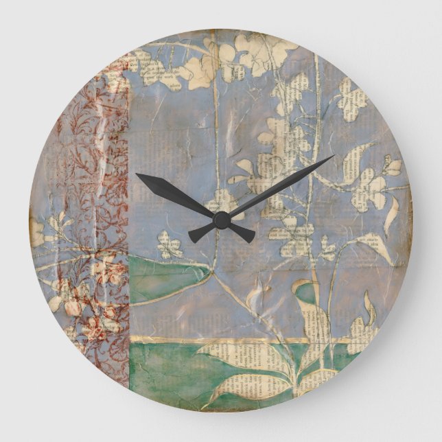 Grande Horloge Ronde Fleurs blanches sur Arrière - plan de papier journ (Recto)