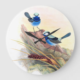 Grande Horloge Ronde Fleurs bleues d'animaux de faune d'oiseaux de