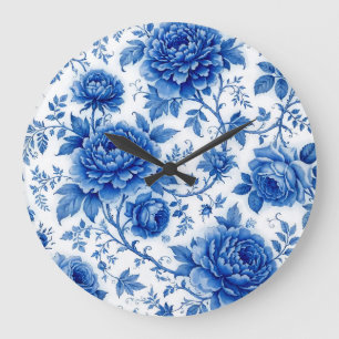 Grande Horloge Ronde Fleurs bleues délavées Roses Pivoines Bleu de coba