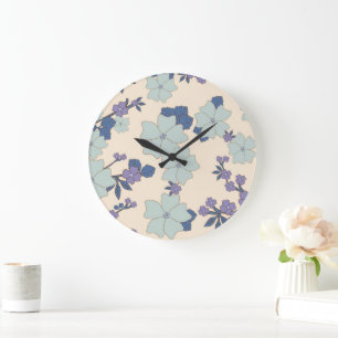 Grande Horloge Ronde Fleurs Bleues, Fleurs Violettes, Motif Floral