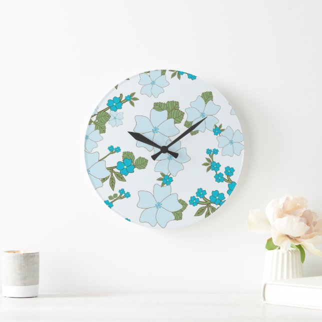 Grande Horloge Ronde Fleurs Bleues, Motif Floral, Motif De Fleurs (Maison)