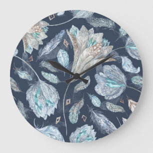 Grande Horloge Ronde Fleurs Boho Chic : Aquarelle bleu foncé P