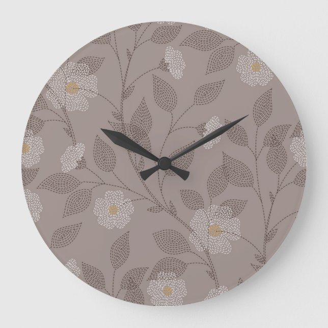 Grande Horloge Ronde Fleurs brodées et feuilles, design sans soudure. (Recto)